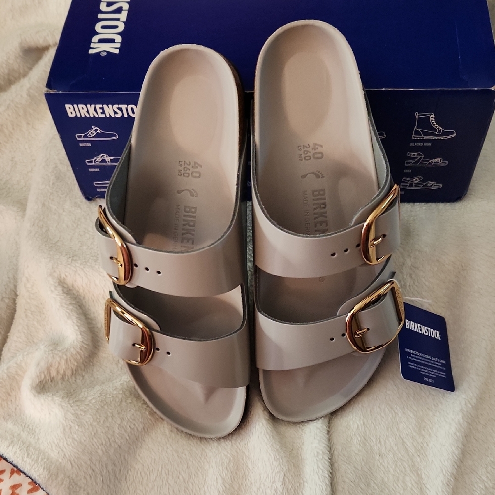 NIB Birkenstock Women Sz 9 Arizona Big Buckle In High Shine Stone Coin